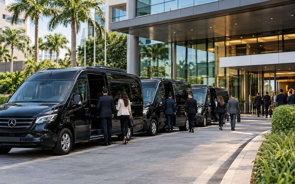 Frota de vans e ônibus atendendo um evento corporativo